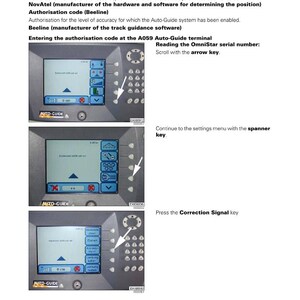 May include: A technical diagram with instructions for an Auto-Guide terminal. The image shows a gray terminal with a screen displaying settings and prompts. Arrows point to buttons and functions. Text includes "Upgrade" and "OmniStar HP precision."