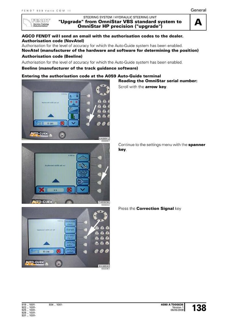 May include: A technical diagram with instructions for an Auto-Guide terminal. The image shows a gray terminal with a screen displaying settings and prompts. Arrows point to buttons and functions. Text includes "Upgrade" and "OmniStar HP precision."