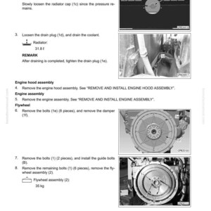 May include: Diagram from a manual showing engine disassembly steps. Includes images of engine components, bolts, and a flywheel. Text instructions detail removing parts like the radiator cap, drain plug, and flywheel assembly, with measurements in kilograms.