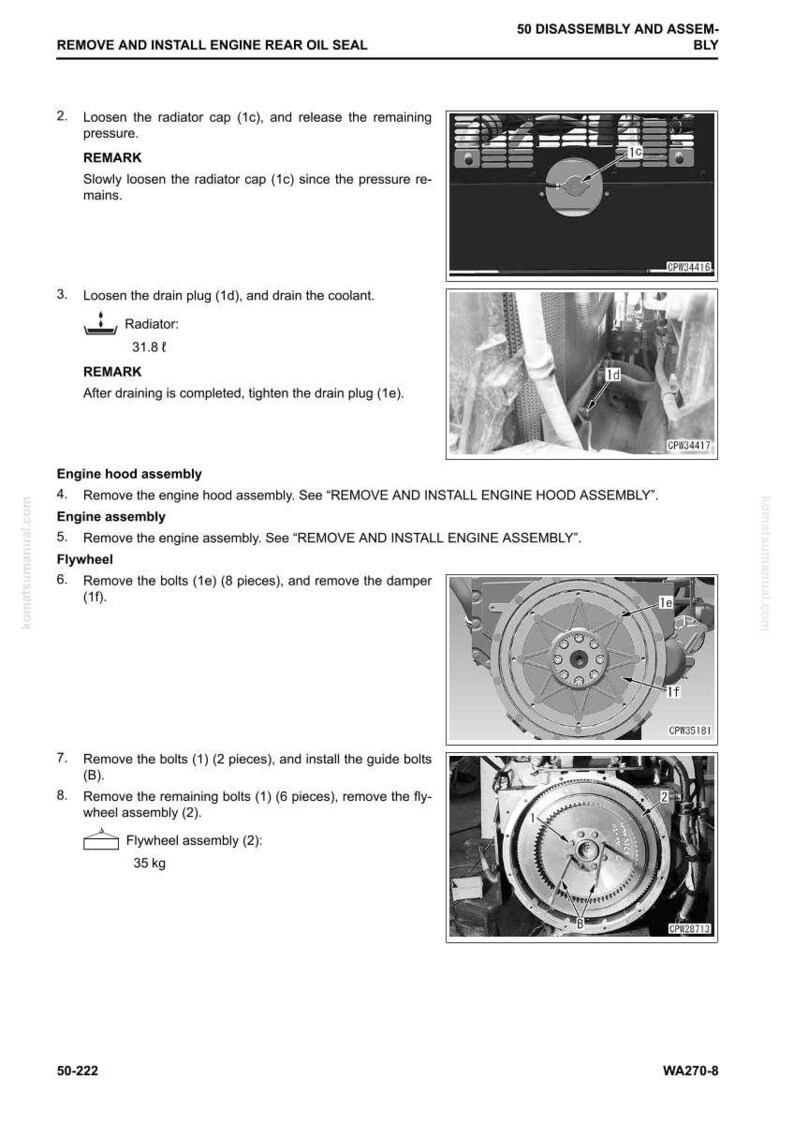 May include: Diagram from a manual showing engine disassembly steps. Includes images of engine components, bolts, and a flywheel. Text instructions detail removing parts like the radiator cap, drain plug, and flywheel assembly, with measurements in kilograms.