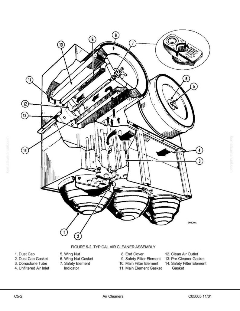 May include: Detailed black and white diagram of a typical air cleaner assembly. The diagram includes labeled components such as the dust cap, filter elements, and air inlets. The image is a technical illustration for automotive or industrial use.