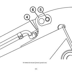 Puede incluir: Dibujo lineal t&eacute;cnico de un extremo de cilindro de cuchara, con las etiquetas 4, 5 y 6. La imagen es una ilustraci&oacute;n t&eacute;cnica, probablemente para maquinaria. El texto en la parte inferior dice "TX1189545-UN: Bucket Cylinder (cylinder end)" y "475".