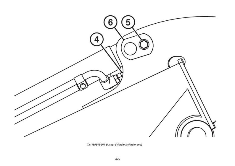Puede incluir: Dibujo lineal t&eacute;cnico de un extremo de cilindro de cuchara, con las etiquetas 4, 5 y 6. La imagen es una ilustraci&oacute;n t&eacute;cnica, probablemente para maquinaria. El texto en la parte inferior dice "TX1189545-UN: Bucket Cylinder (cylinder end)" y "475".
