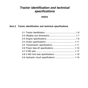 Puede incluir: Una p&aacute;gina de manual titulada "Identificaci&oacute;n y especificaciones t&eacute;cnicas del tractor". El documento incluye un &iacute;ndice con secciones sobre identificaci&oacute;n del tractor, pesos, dimensiones, especificaciones del motor y m&aacute;s.