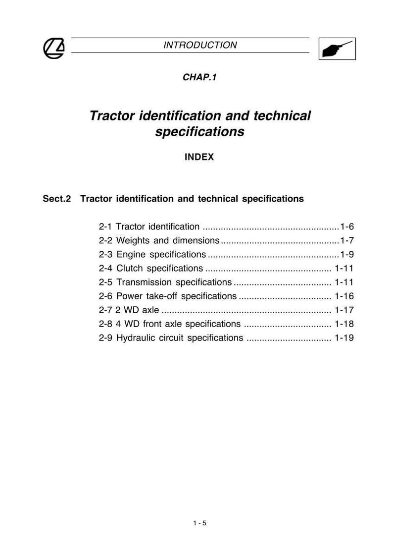 Puede incluir: Una p&aacute;gina de manual titulada "Identificaci&oacute;n y especificaciones t&eacute;cnicas del tractor". El documento incluye un &iacute;ndice con secciones sobre identificaci&oacute;n del tractor, pesos, dimensiones, especificaciones del motor y m&aacute;s.
