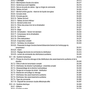 May include: A French-language table of contents, titled "TABLE DES MATI&Egrave;RES", detailing automotive components. Sections include "Cabine" (Cabin), "Volant" (Steering Wheel), and various hydraulic and electrical system parts, each with page numbers.