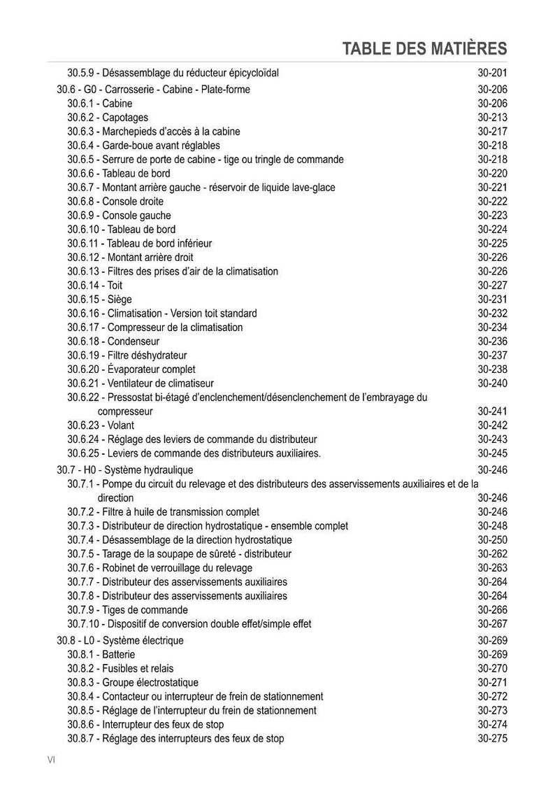 May include: A French-language table of contents, titled "TABLE DES MATI&Egrave;RES", detailing automotive components. Sections include "Cabine" (Cabin), "Volant" (Steering Wheel), and various hydraulic and electrical system parts, each with page numbers.