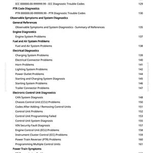 May include: A white-background page from greenfarmmanuals.com with a table of contents for ECU, ICC, and PTR diagnostic codes. The table lists various system problems, including engine, fuel, electrical, and power train issues, with page numbers.