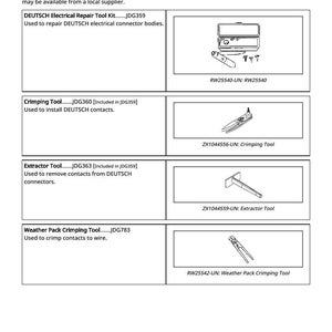 May include: Image of recommended tools for electrical repair, including a DEUTSCH electrical repair tool kit, crimping tool, extractor tool, and weather pack crimping tool. Each tool is labeled with a product code.