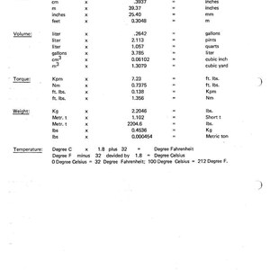 May include: A white paper with conversion factors for pressure, length, volume, torque, weight, and temperature. Includes conversions for inches, feet, gallons, pounds, and degrees Fahrenheit. The text is in black.