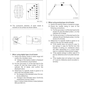 May include: Diagrams and instructions for inspecting diodes using digital and analog circuit testers. Includes illustrations of diode pin configurations and testing procedures. Text includes voltage and resistance range details.