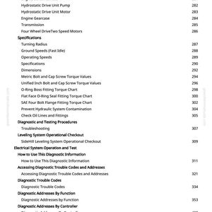 May include: A white page from a manual with a table of contents. The text includes headings like "Combine and Component Identification," "Specifications," and "Diagnostic and Testing Procedures." Page numbers are listed on the right.