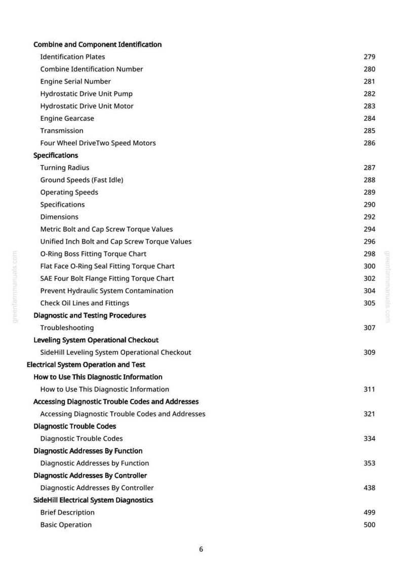 May include: A white page from a manual with a table of contents. The text includes headings like "Combine and Component Identification," "Specifications," and "Diagnostic and Testing Procedures." Page numbers are listed on the right.