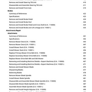 May include: A detailed table of contents from a manual, listing repair procedures for a machine. The text includes sections on brakes, attachments, and miscellaneous repairs, with page numbers.