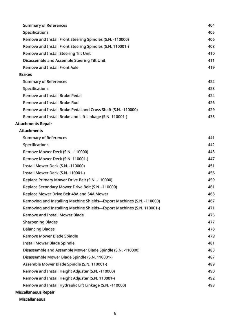 May include: A detailed table of contents from a manual, listing repair procedures for a machine. The text includes sections on brakes, attachments, and miscellaneous repairs, with page numbers.