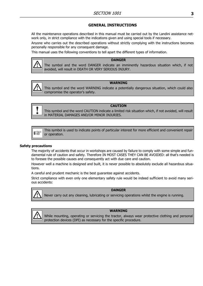 May include: Page from a manual with safety instructions. Includes symbols for danger, warning, and caution, along with explanations. Text details general instructions and safety precautions for machinery maintenance.