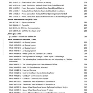 May include: A detailed list of error codes and system diagnostics, including EPG, IMU, JDL, and MMC codes. The document provides specific error descriptions, such as "Valve Power Voltage Below Minimum Voltage Required" and "Wheel Speed Not Detected On CAN Bus."