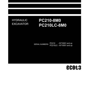 May include: A black and white shop manual cover. The text "Shop Manual" is at the top. The manual is for a hydraulic excavator, model PC210-8M0 and PC210LC-8M0. The Komatsu logo is at the bottom.