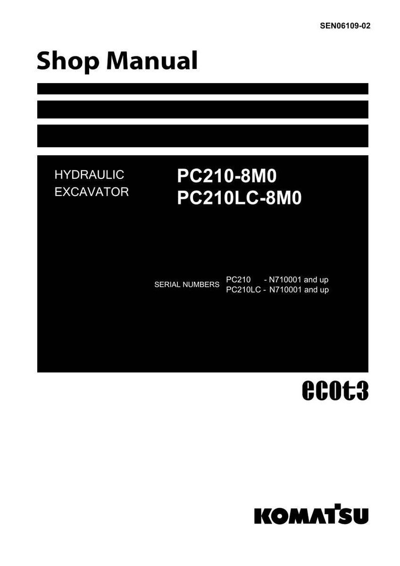 May include: A black and white shop manual cover. The text "Shop Manual" is at the top. The manual is for a hydraulic excavator, model PC210-8M0 and PC210LC-8M0. The Komatsu logo is at the bottom.