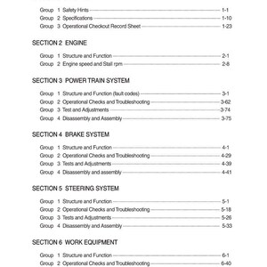 Puede incluir: Un detallado &iacute;ndice de un manual, con t&iacute;tulos y subt&iacute;tulos para varias secciones. Las secciones incluyen General, Motor, Sistema de transmisi&oacute;n, Sistema de frenos, Sistema de direcci&oacute;n y Equipos de trabajo.