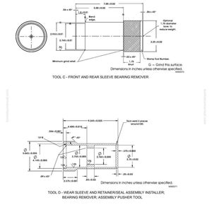 Op de afbeelding: Technische tekening van een gereedschap voor het verwijderen van voor- en achterlagerbussen, met afmetingen in inches. Bevat een zijaanzicht en bovenaanzicht, met aanduidingen voor kartelen en slijpen. Toont ook een gereedschap voor het installeren van afdichtingen.