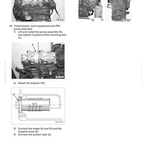 K&ouml;nnte beinhalten: Diagramme zur Demontage und Montage einer Getriebeeinheit. Das Bild enth&auml;lt detaillierte Ansichten von Komponenten, darunter eine Pumpenbaugruppe, ein Sieb, Schl&auml;uche und ein Ansaugrohr. Text liefert Schritt-f&uuml;r-Schritt-Anweisungen.