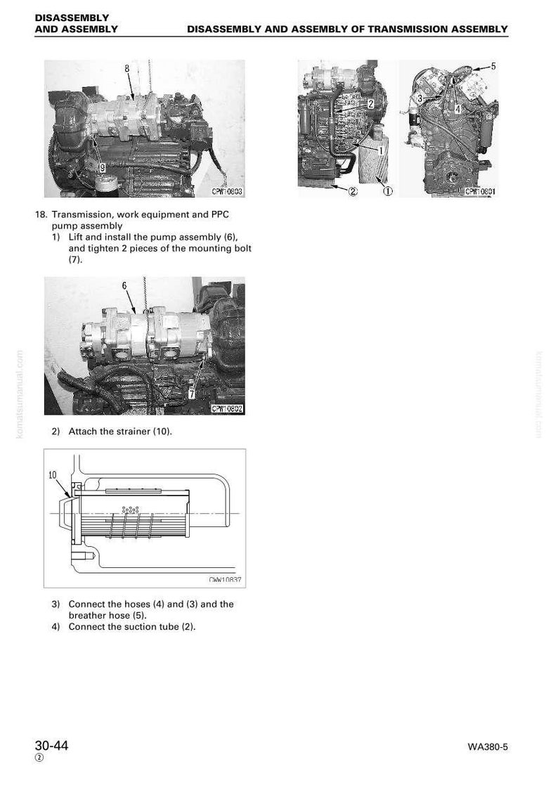 K&ouml;nnte beinhalten: Diagramme zur Demontage und Montage einer Getriebeeinheit. Das Bild enth&auml;lt detaillierte Ansichten von Komponenten, darunter eine Pumpenbaugruppe, ein Sieb, Schl&auml;uche und ein Ansaugrohr. Text liefert Schritt-f&uuml;r-Schritt-Anweisungen.
