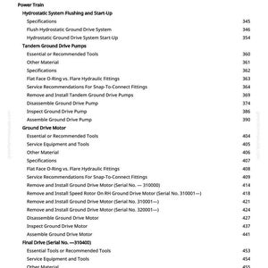 May include: A detailed table of contents from a manual, listing various procedures and components related to machinery repair and maintenance. Includes sections on power train, ground drive motor, and final drive.