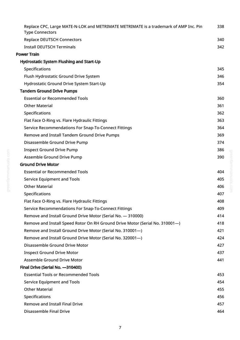 May include: A detailed table of contents from a manual, listing various procedures and components related to machinery repair and maintenance. Includes sections on power train, ground drive motor, and final drive.