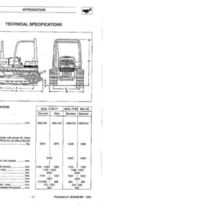 Op de afbeelding: Technische specificatietekening van een rupsbandtractor, met zij- en achteraanzichten met afmetingen in millimeters. Inclusief algemene specificaties en gewichten. De tekening is in zwart-wit.