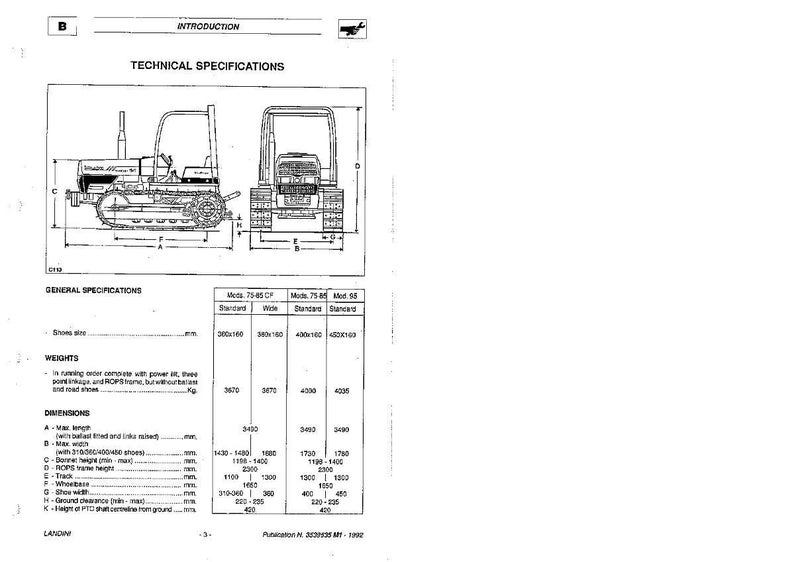 Op de afbeelding: Technische specificatietekening van een rupsbandtractor, met zij- en achteraanzichten met afmetingen in millimeters. Inclusief algemene specificaties en gewichten. De tekening is in zwart-wit.