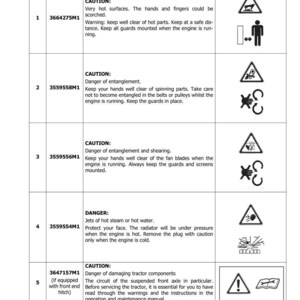 May include: A safety manual page with warnings and symbols. It includes cautions about hot surfaces, entanglement, shearing, and jets of steam. The manual also warns about damaging tractor components.