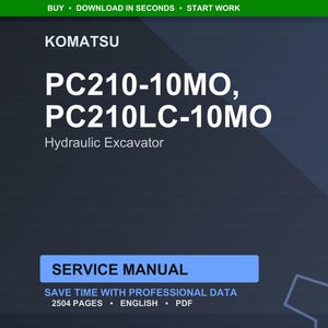 May include: A dark blue digital document cover with the Komatsu logo and the text "PC210-10MO, PC210LC-10MO Hydraulic Excavator." The words "Service Manual" are in a blue rectangle. The document contains 2504 pages.