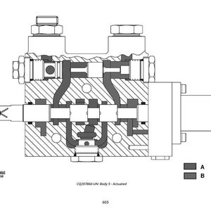 May include: Detailed cross-section diagram of a mechanical component, likely a valve or actuator. The image is in black and white, showing internal mechanisms with various shapes and sizes. Text includes "CQ207860" and "Body S - Actuated".