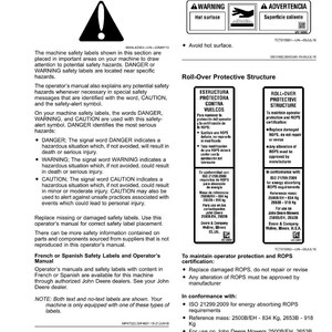 Puede incluir: Una p&aacute;gina del manual del operador con etiquetas de seguridad y texto. Las etiquetas incluyen advertencias sobre superficies calientes y estructuras de protecci&oacute;n antivuelco. El texto explica los s&iacute;mbolos de seguridad y los peligros.