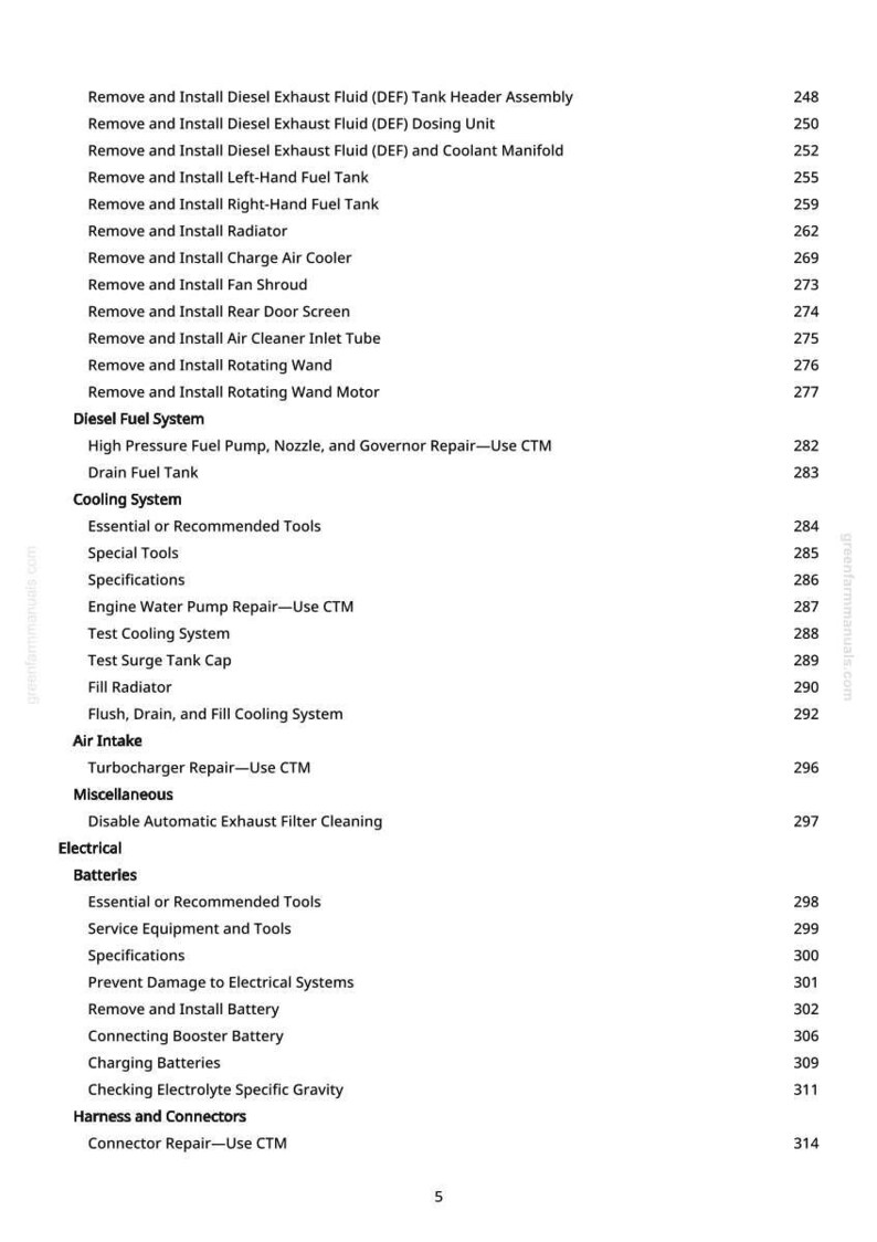 May include: A page from a manual with a list of automotive repair procedures, including Diesel Exhaust Fluid (DEF) system maintenance, cooling system checks, and electrical system procedures. The page number is 5.