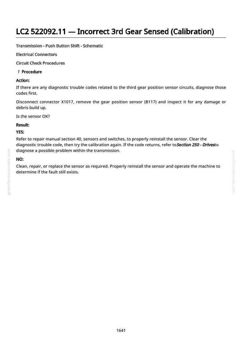 May include: A white page with black text detailing automotive repair procedures. The text includes instructions for diagnosing and repairing issues related to the third gear position sensor. The document is from greenfarmmanuals.com.