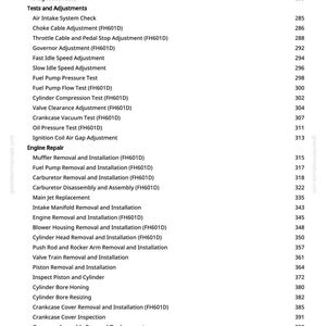 Pode incluir: Uma tabela de conte&uacute;do detalhada de um manual, listando procedimentos de reparo e ajuste do motor. Os t&oacute;picos incluem ajustes de carburador, cilindro e v&aacute;lvula, com n&uacute;meros de p&aacute;gina.