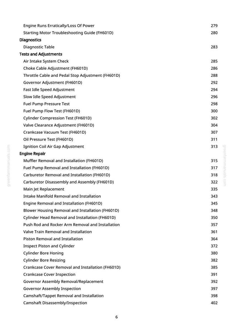 Pode incluir: Uma tabela de conte&uacute;do detalhada de um manual, listando procedimentos de reparo e ajuste do motor. Os t&oacute;picos incluem ajustes de carburador, cilindro e v&aacute;lvula, com n&uacute;meros de p&aacute;gina.