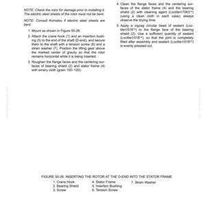 May include: Page from a manual detailing rotor installation, including notes on checking for damage and consulting Komatsu. Instructions include attaching components like a crane hook, insertion bushing, and strain washer. Figure 50-26 illustrates the process.