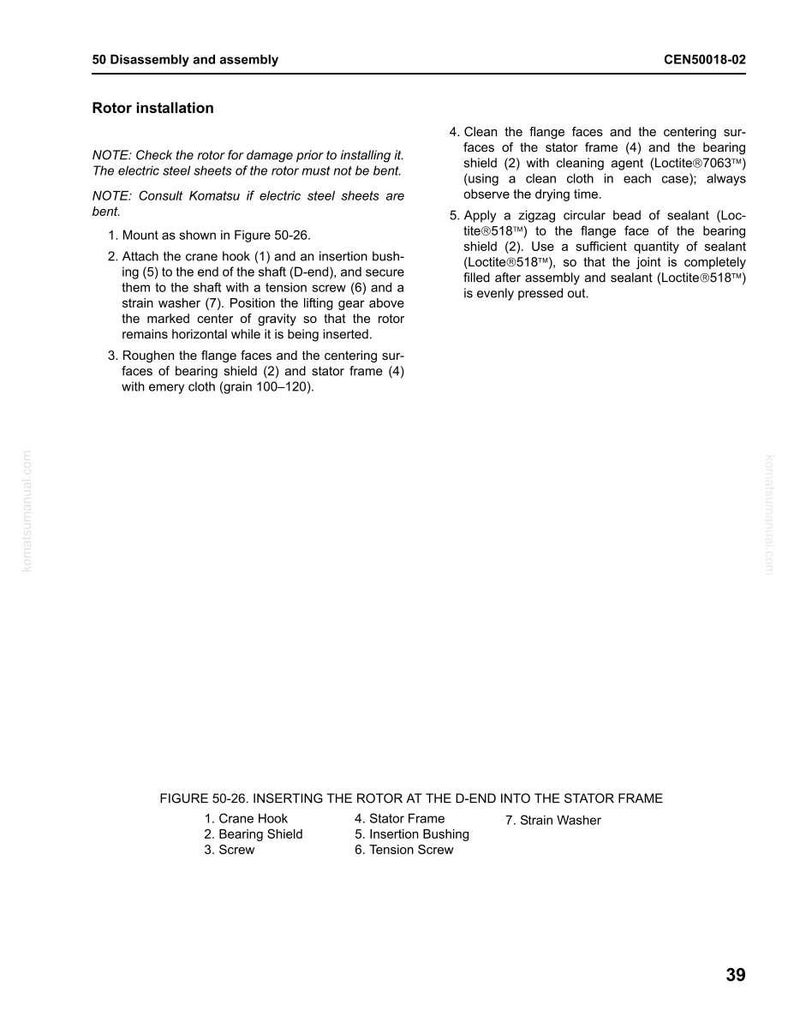 May include: Page from a manual detailing rotor installation, including notes on checking for damage and consulting Komatsu. Instructions include attaching components like a crane hook, insertion bushing, and strain washer. Figure 50-26 illustrates the process.