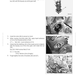 May include: Diagram of a supply pump assembly with step-by-step instructions for disassembly and assembly. Includes images of the pump, bolts, and other components. Text includes measurements in Nm and kgfm.
