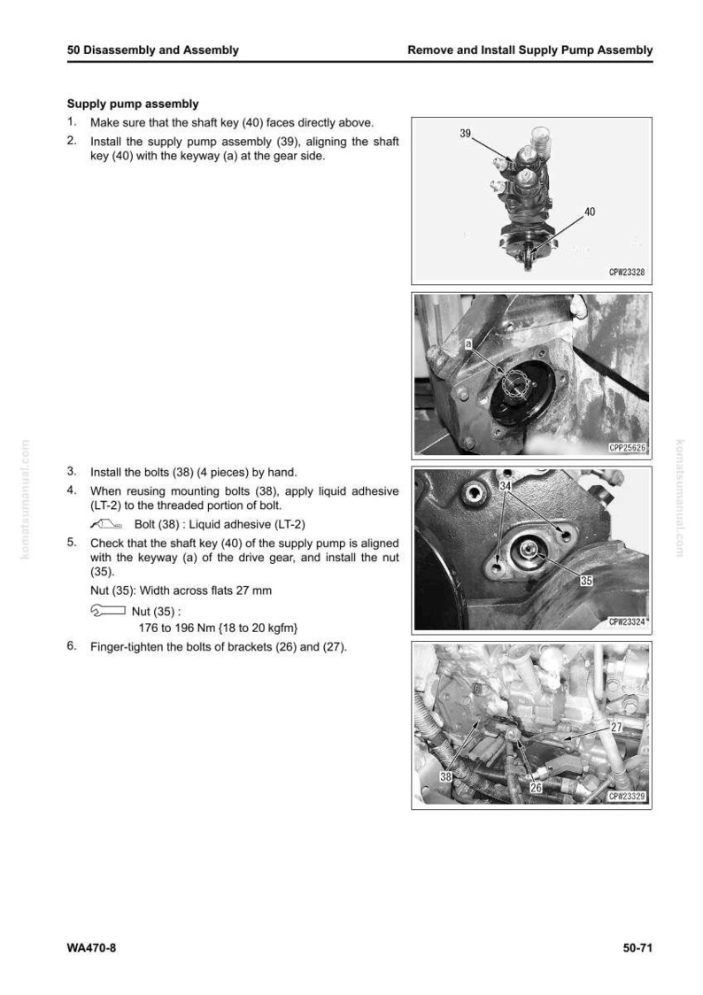 May include: Diagram of a supply pump assembly with step-by-step instructions for disassembly and assembly. Includes images of the pump, bolts, and other components. Text includes measurements in Nm and kgfm.