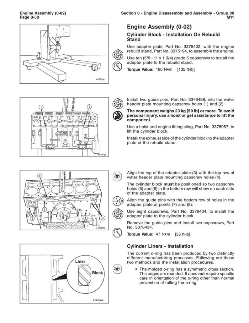 Op de afbeelding: Technische diagrammen voor motorassemblage, met name de installatie van het cilinderblok op een revisiestandaard. Inclusief onderdeelnummers, koppelwaarden in Nm en illustraties van motoronderdelen.