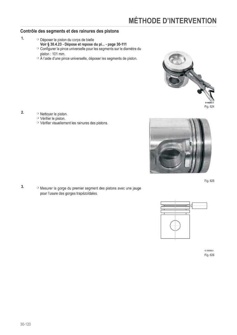 May include: Technical diagram with instructions for piston maintenance. Includes images of a piston with a tool, a single piston, and a diagram. Text in French includes steps for inspection and measurement.
