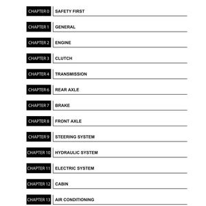 May include: A black and white document titled "TABLE OF CONTENTS". The document lists chapters and their corresponding topics, including "SAFETY FIRST", "ENGINE", "CLUTCH", "TRANSMISSION", and "AIR CONDITIONING".