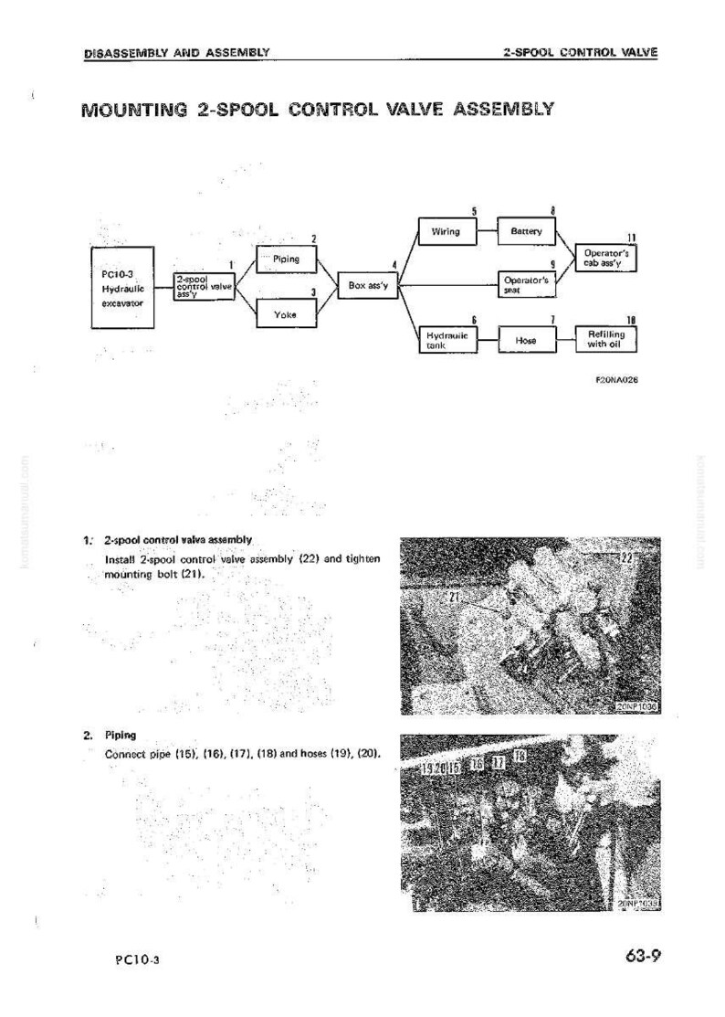 Puede incluir: Diagrama de montaje de un conjunto de v&aacute;lvula de control de 2 carretes, con etiquetas para componentes como tuber&iacute;as, cableado y dep&oacute;sito hidr&aacute;ulico. Incluye instrucciones de montaje.