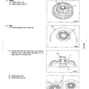 May include: Diagram of torque converter disassembly and assembly instructions. Includes illustrations of stator, case, bearing, snap ring, spacer, and turbine components. Text includes numbered steps for installation.