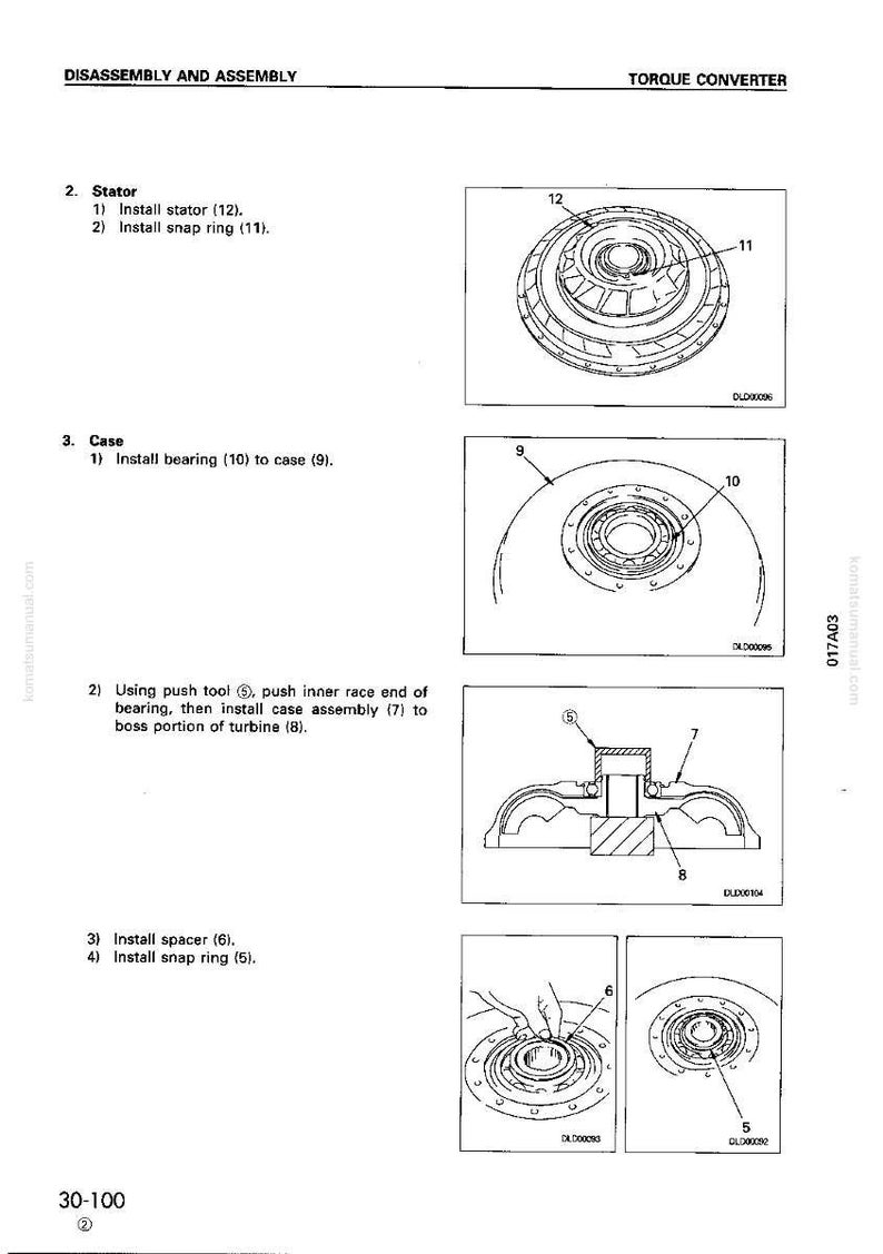May include: Diagram of torque converter disassembly and assembly instructions. Includes illustrations of stator, case, bearing, snap ring, spacer, and turbine components. Text includes numbered steps for installation.