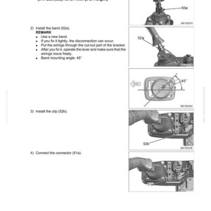 May include: Diagram showing cab and attachment disassembly and assembly instructions. Includes illustrations of parts such as a control lever assembly, bolt, band, clip, and connector. Text includes torque specifications and assembly steps.